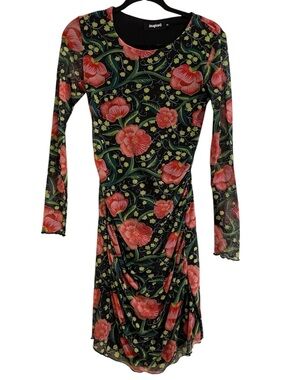 Desigual Black Mesh Dress Pink Green Botanical Floral Print Ruched Stretchy XS